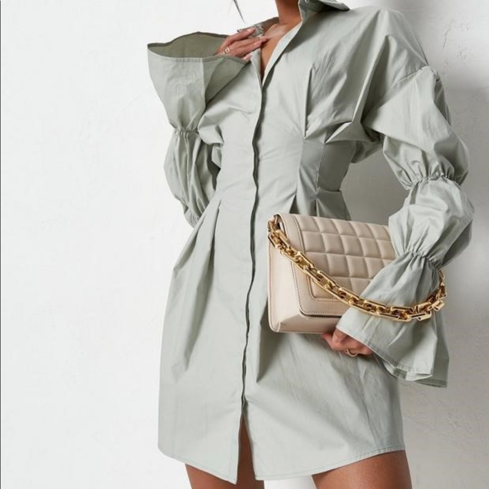 Sage Bubble Sleeve Pleated Shirt Dress